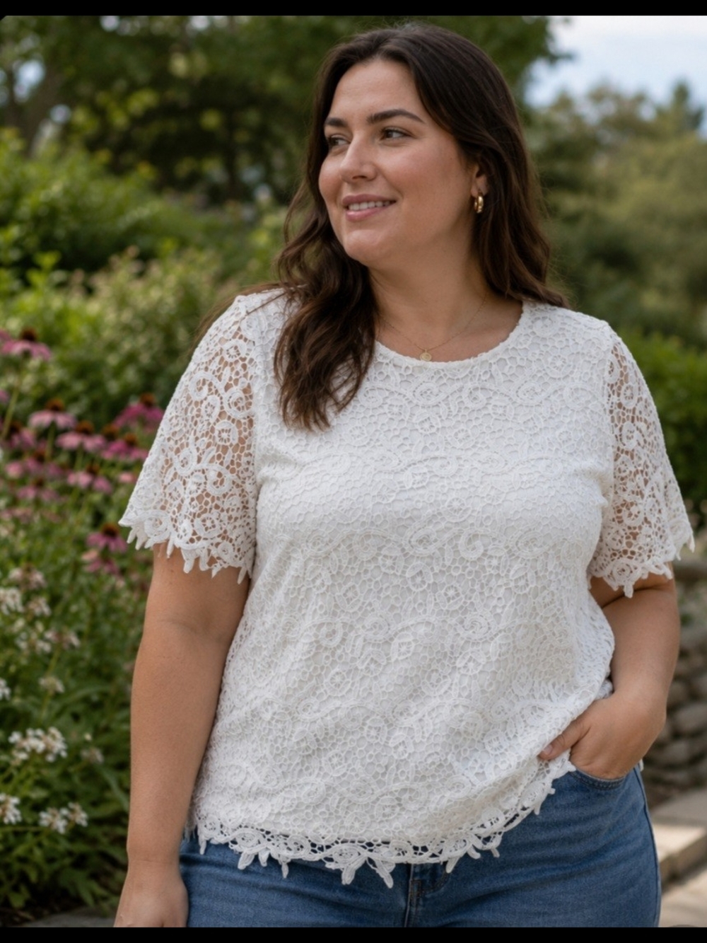 Philosophy White Lace Crochet Short Sleeve Romantic Feminine Blouse NWOT Large